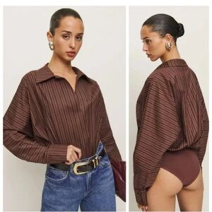 Reformation Brown Striped Long-Sleeve Bodysuit